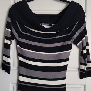 New York & Company Off-the-Shoulder Striped Sweater - Black, Gray, and White
